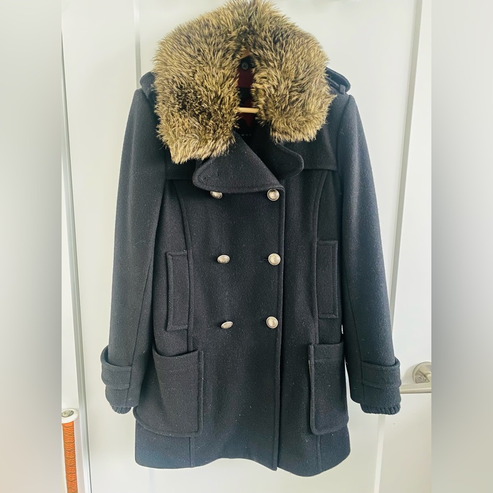 Aritzia Black Peacoat with Faux Fur Collar